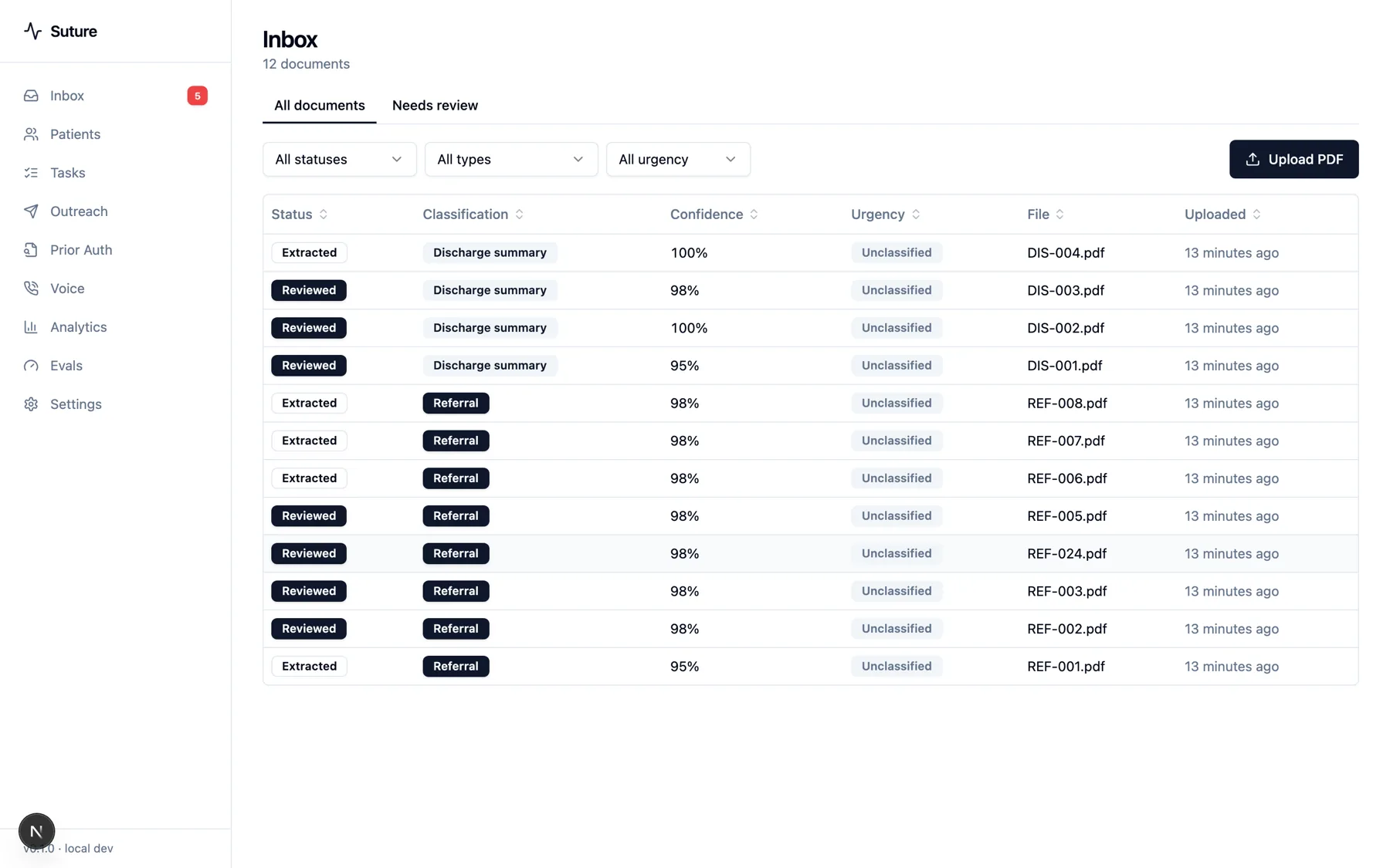 Suture inbox listing referral and discharge documents with status, classification, and confidence columns.