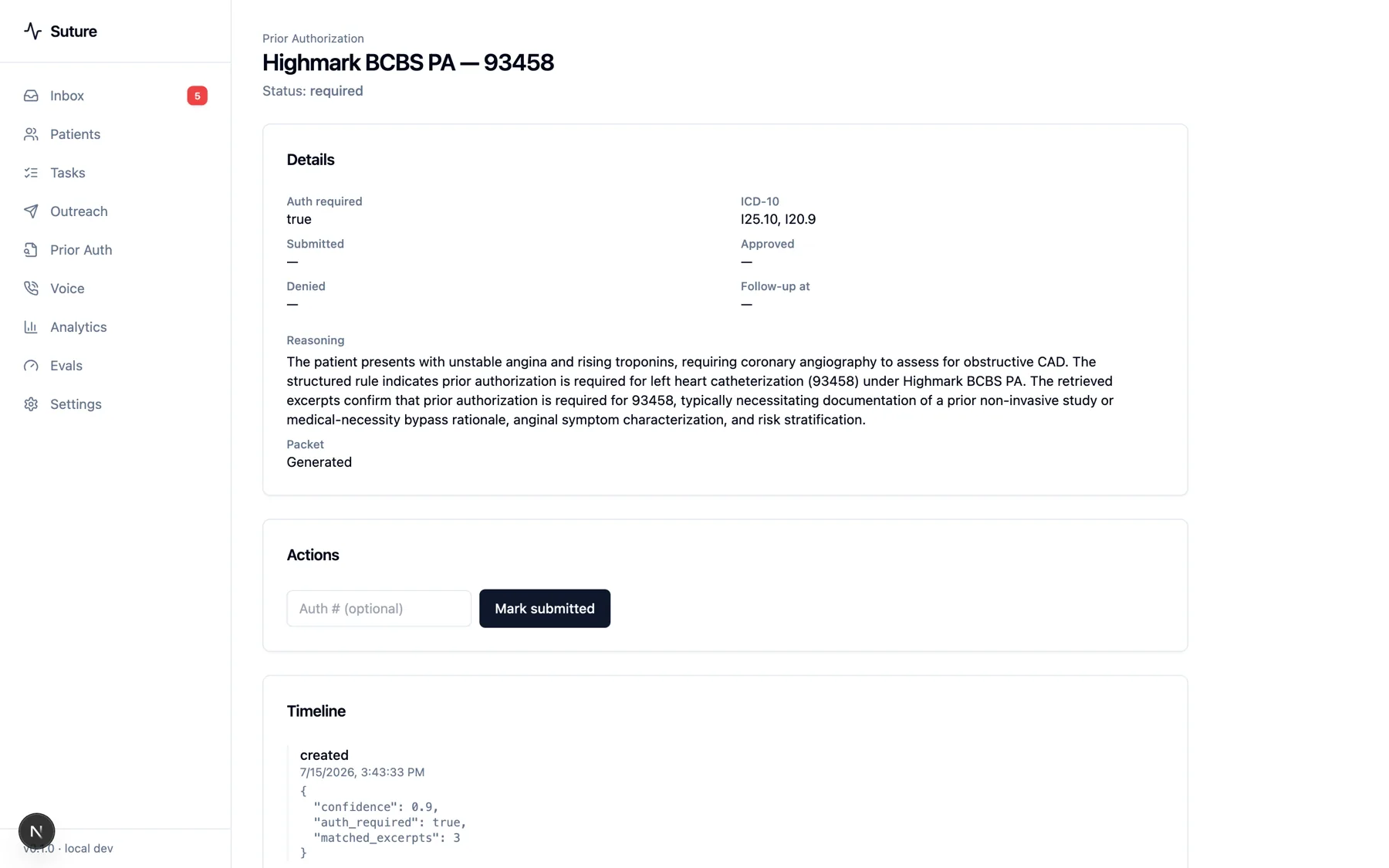 Prior authorization detail for Highmark BCBS PA, CPT 93458, showing auth-required status and cited reasoning.