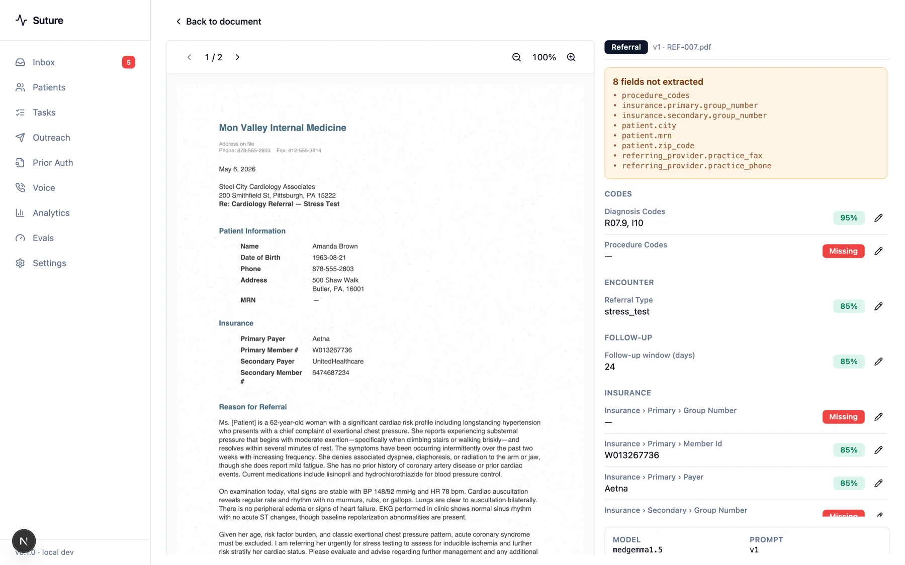 Suture review screen: the referral PDF on the left, extracted fields with per-field confidence scores on the right, and eight fields flagged as not extracted.